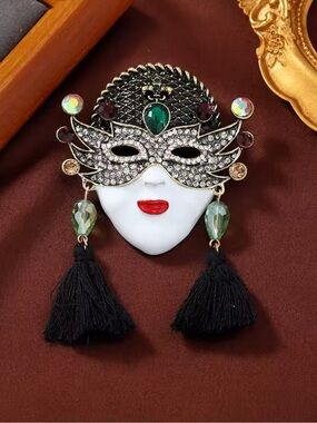 Anthropologie Crystal Masquerade Mask Brooch - Black, White & Green